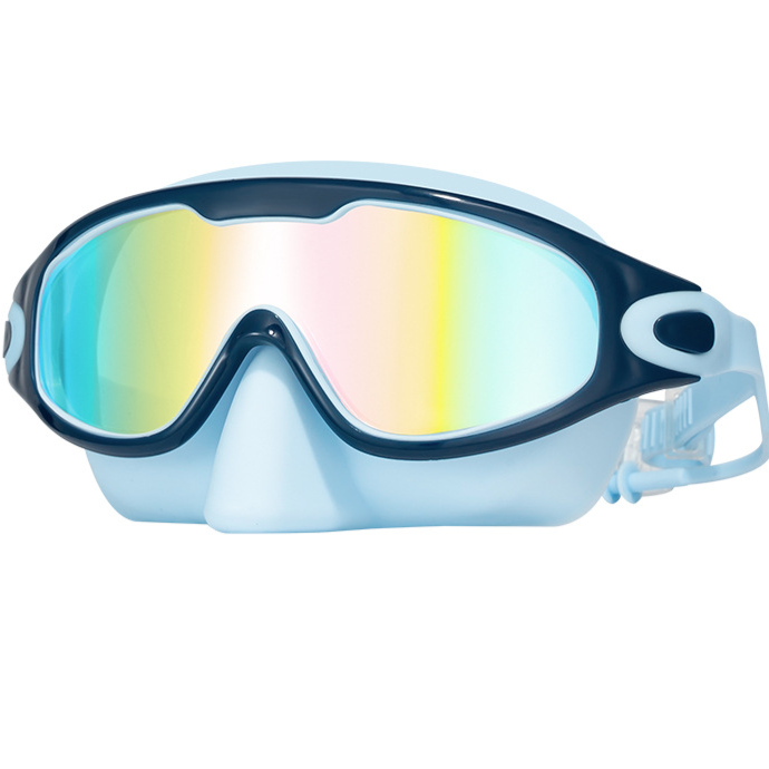 Close view of the wide frame and soft silicone seal of the large frame swim goggles
