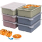 Stacked lidded six cavity trays in sage, mauve and slate blue with frozen soup cubes, option 6 Cavities Cube Tray, Sage Green