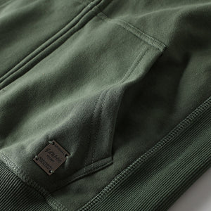 Front view of the full-zip sherpa lined hoodie with a metal zip and drawstring hood