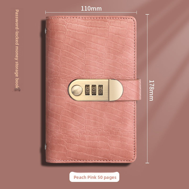 Peach pink combination lock banknote holder book with crocodile emboss cover, front view