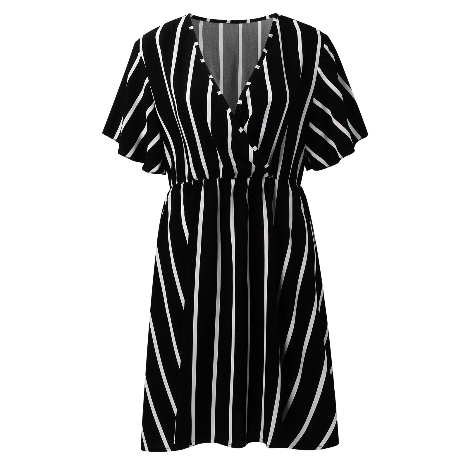 Pink and white striped surplice mini dress with flutter sleeves and gathered waist, worn