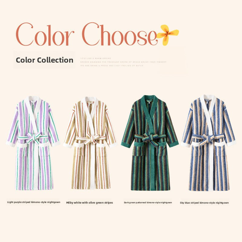 Colour panel of four striped kimono style robes, including a light purple one not offered in the options