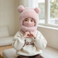 Child wearing a pink fluffy knit bear ear balaclava hood with the ribbed tube pulled up, Kids Pink variant