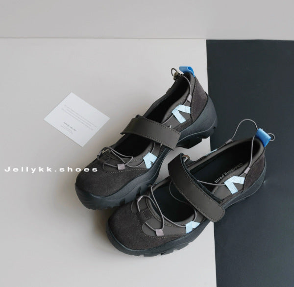 Gray brown platform slip-on shoes with a wide strap, light blue accents and a black lug sole, EU size 38 option