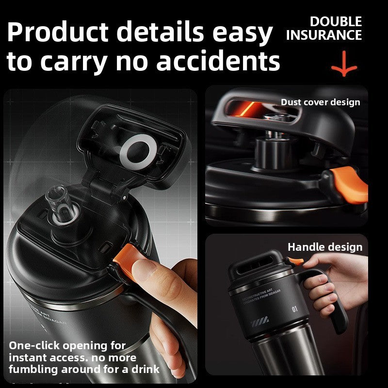 Black insulated travel mug with the flip lid open showing the drinking spout, dust cover and handle