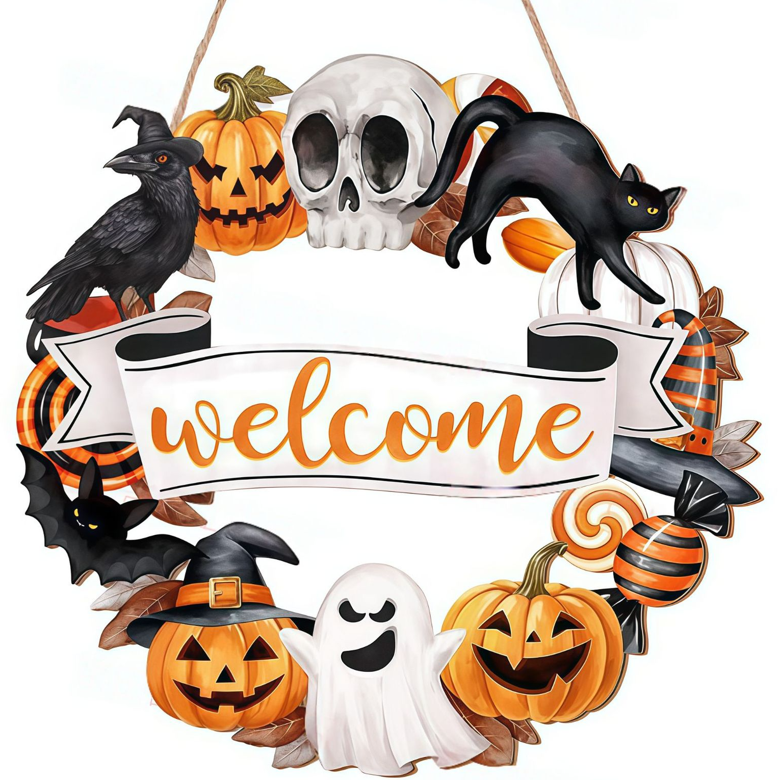 Decorative wooden Halloween door hanger, flat printed board with a cord to hang on a door or wall