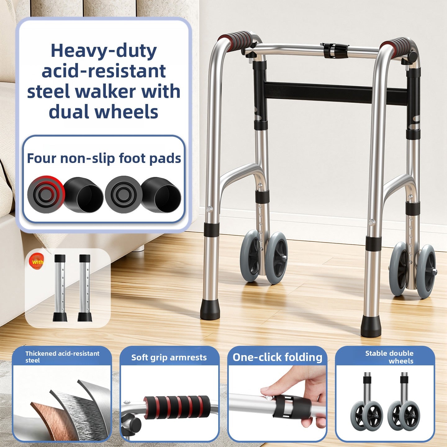 Acid resistant steel walking frame with paired front castors on a wood floor