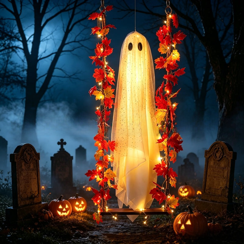 Hanging ghost with maple leaf ropes shown from the top hooks to the wood swing seat
