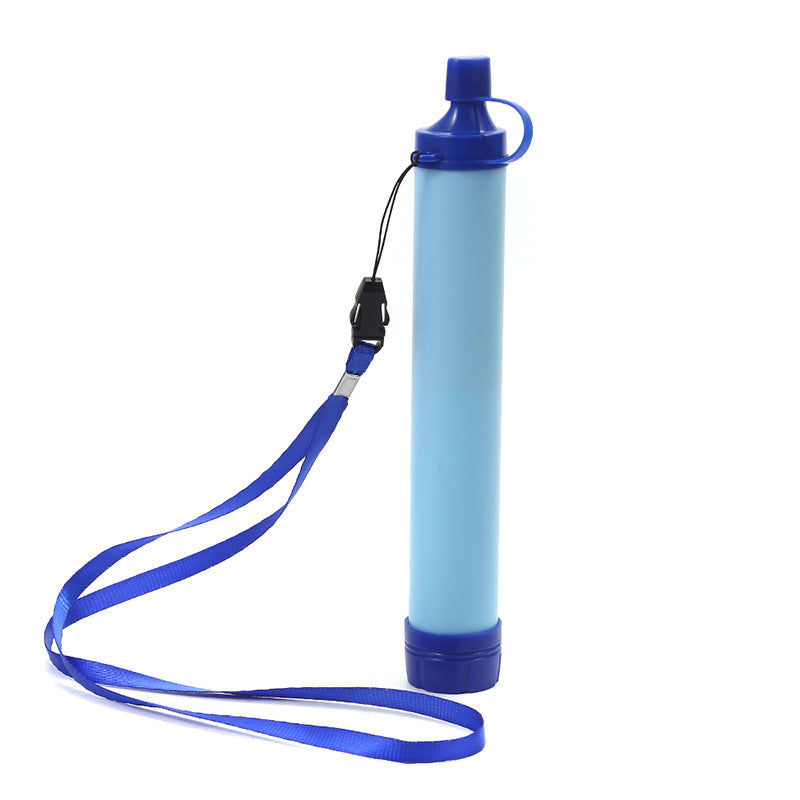 Blue filter straw upright with its long blue wrist lanyard laid out beside it on a white ground