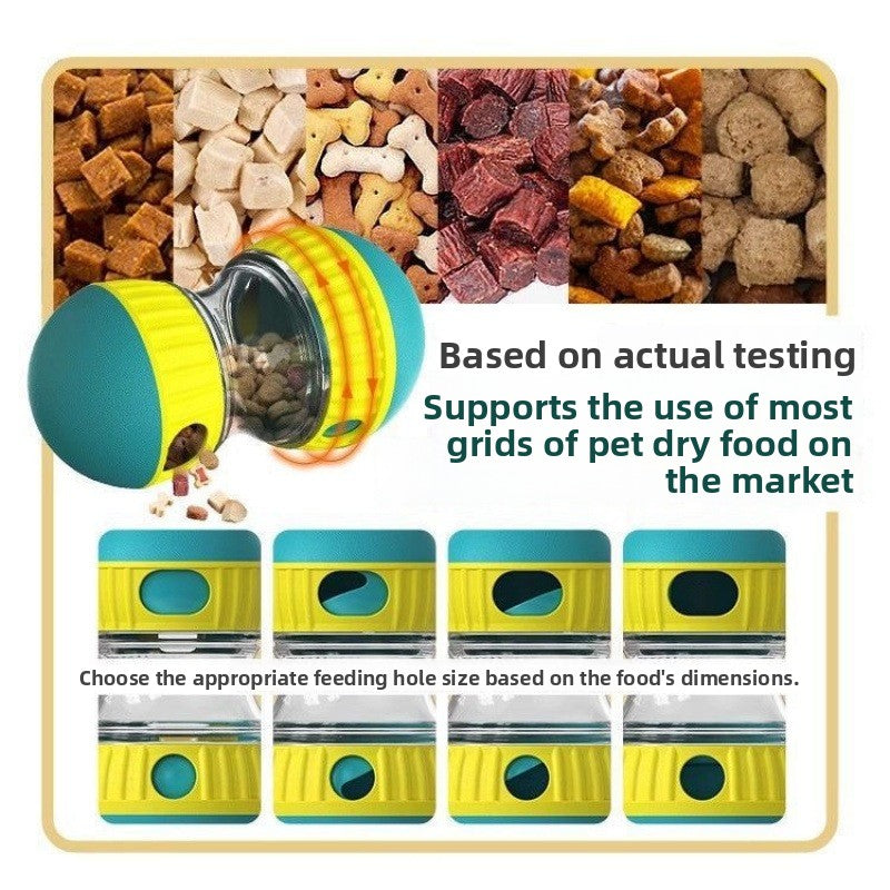 Blue and green pet treat ball showing adjustable feeding hole sizes and kibble