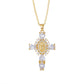Cross pendant set with pink cubic zirconia hanging from a slim gold tone chain