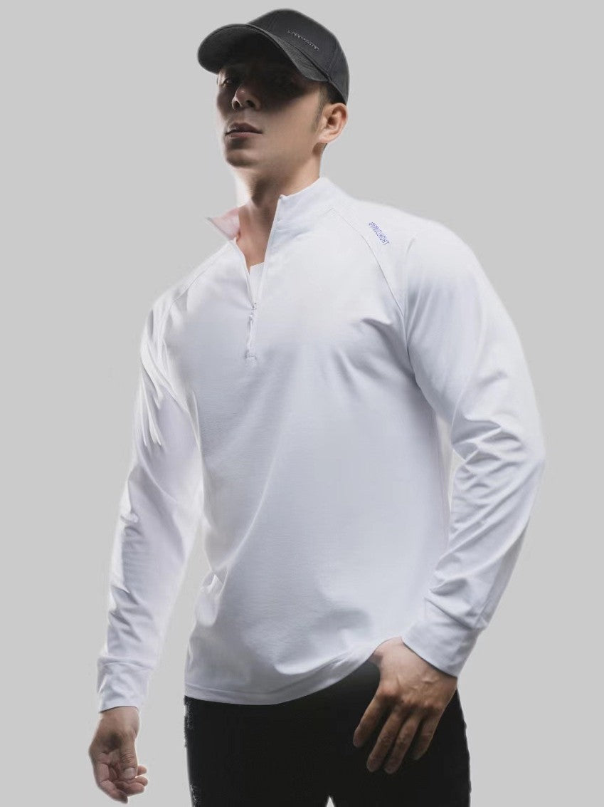 Men's long sleeve sport shirt shown from an angle during movement