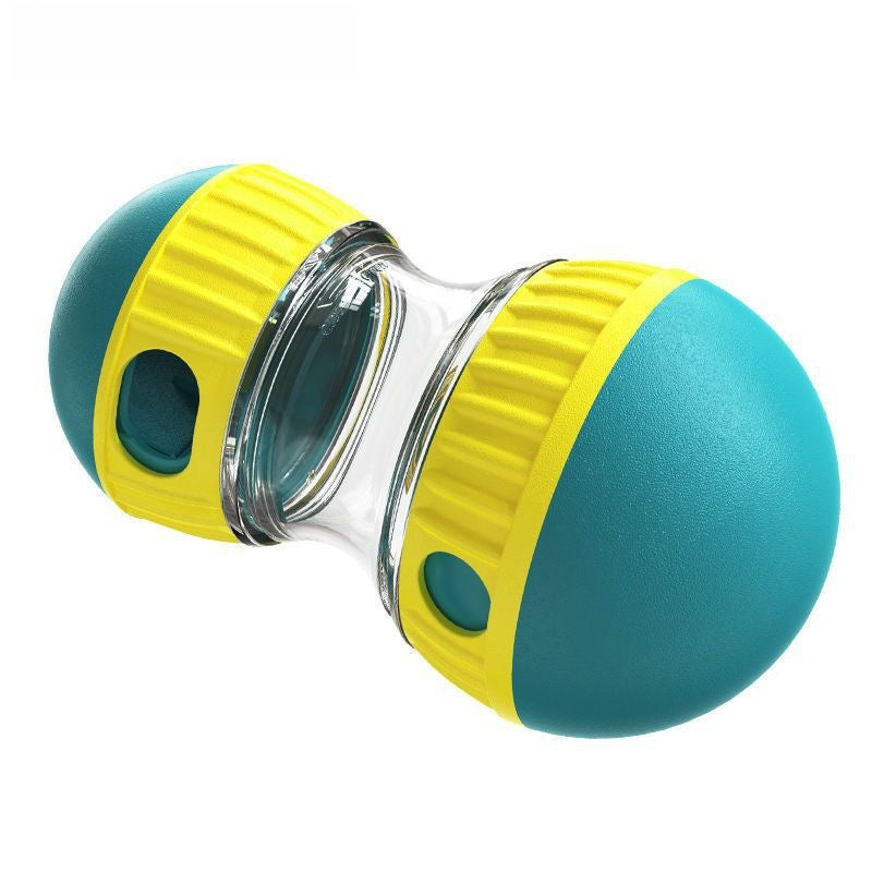 Pet food dispensing ball cut view showing clear food chamber full of kibble
