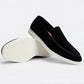 Black suede slip-on loafer with a rounded toe and a thick pale sole, size 40 option