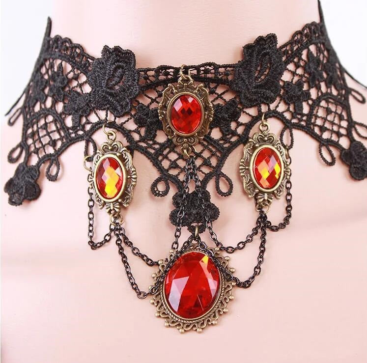 Gothic style vintage lace choker necklace shown close at the neck