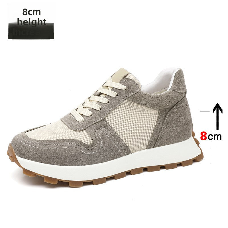 Gray cow suede height increasing sneaker with a mesh panel and an 8 cm callout