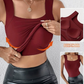 Wine red seamless nylon square neck tank top, worn view with the built-in bra inset, size L option photo