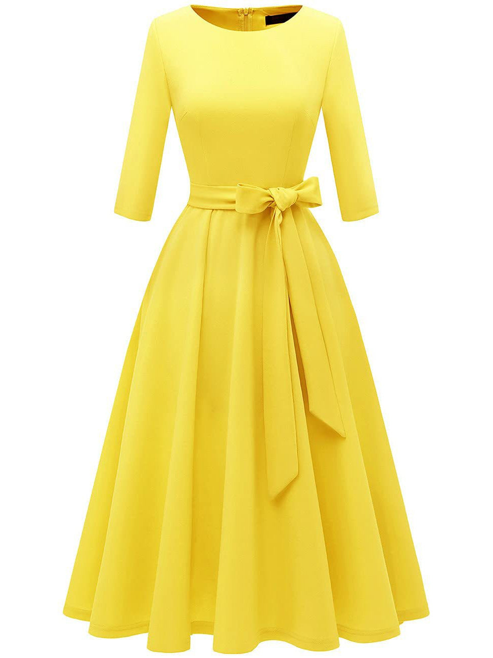 Yellow vintage swing dress with three quarter sleeves and a tie bow belt at the waist
