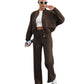 Woman wearing the brown fleece zip jacket and wide-leg pants set, full length