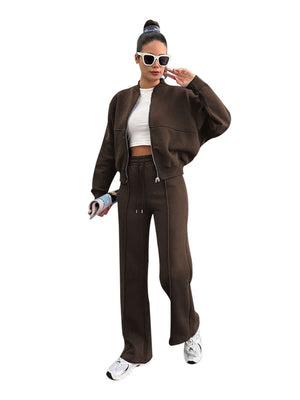 Woman wearing the brown fleece zip jacket and wide-leg pants set, full length