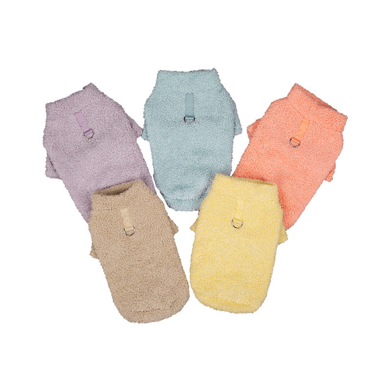 Plush fleece dog sweater with a ribbed collar and a small D-ring on the back