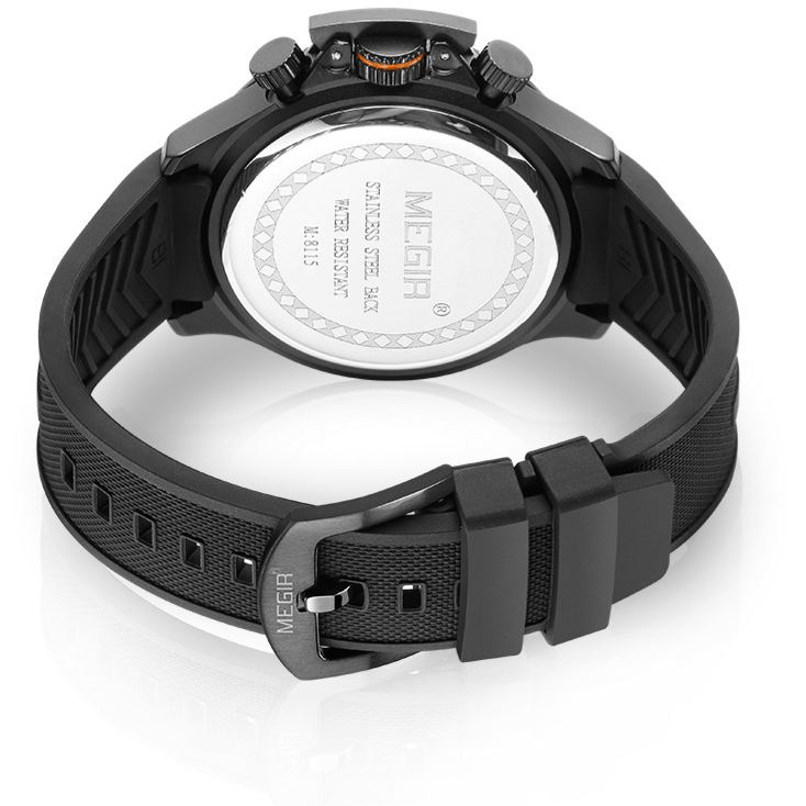 MEGIR sports quartz watch black silicone strap large numerals and sub dials