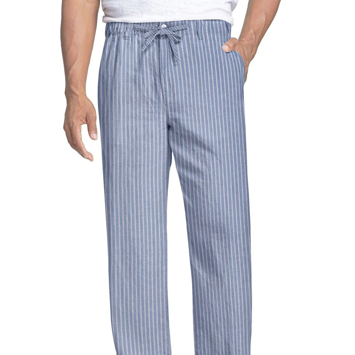 Side angle of men's striped cotton gauze pajama top and trousers