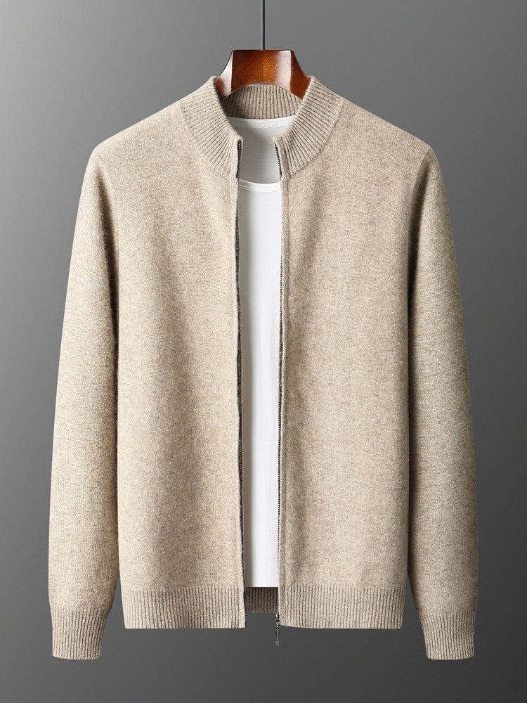 Camel wool knit zip cardigan on a wooden hanger, open front over a white tee, ribbed collar and hem