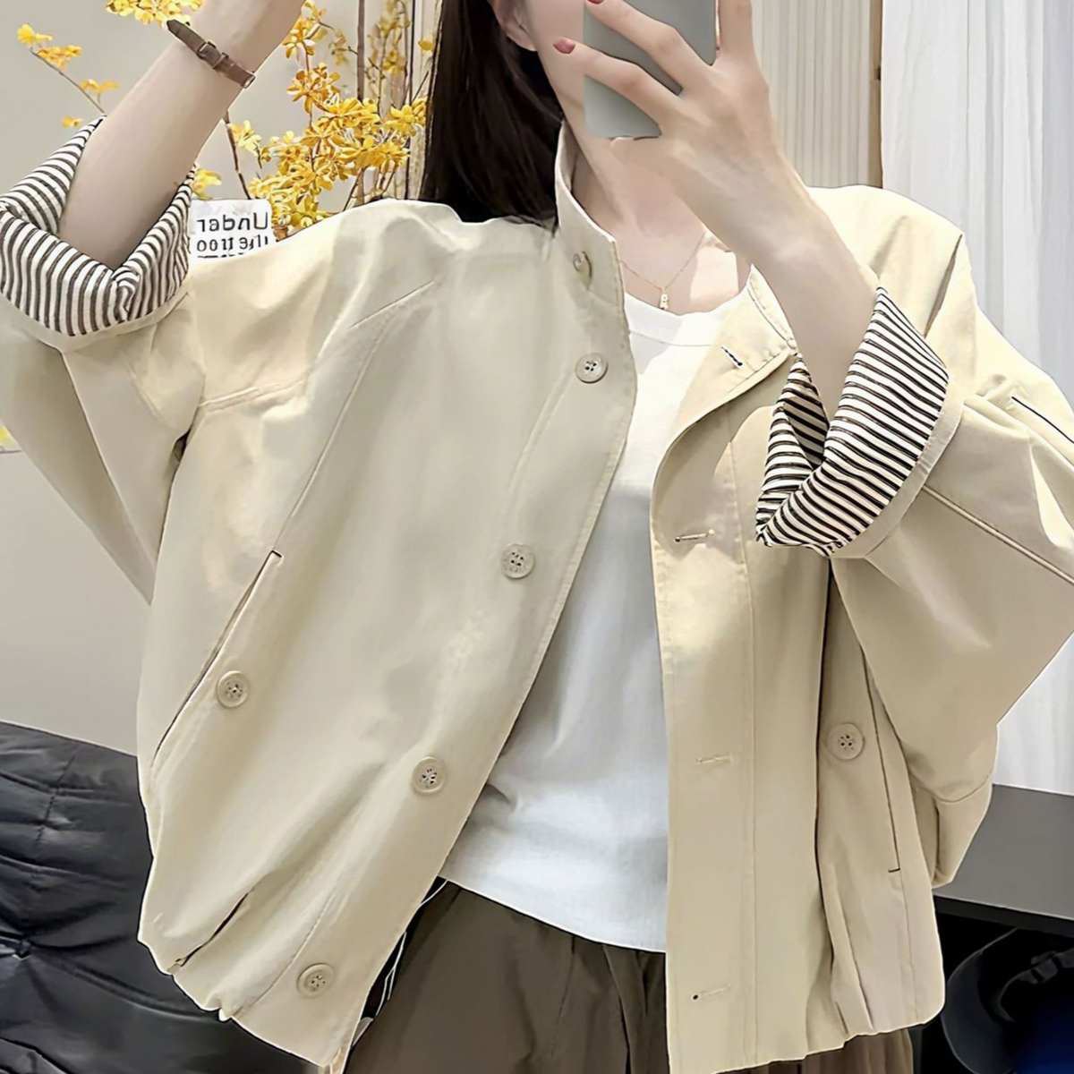 Womens casual button front short jacket in apricot, button front detail
