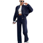 Womens fleece zip jacket and wide-leg pants set worn by a model, front view