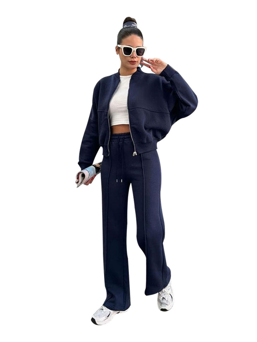Womens fleece zip jacket and wide-leg pants set worn by a model, front view