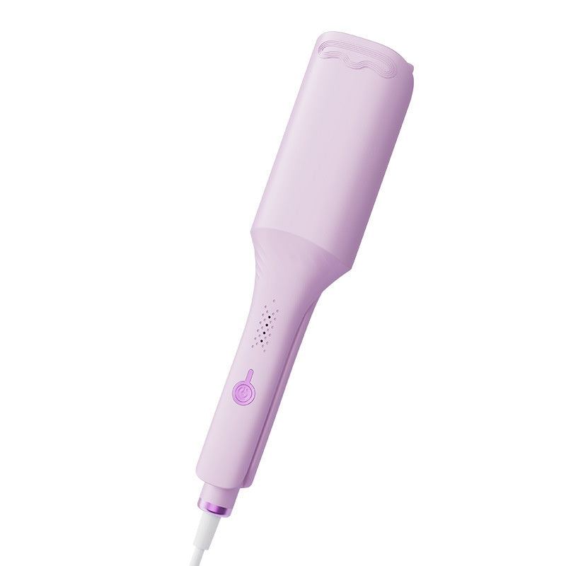 Purple deep wave hair iron closed, showing the vent grid, the button and the fixed cord