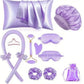 Purple 12 piece set with pillowcase, bonnet, curling rod, clip, eye masks, scrunchies, face roller, gua sha and pouch