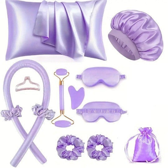 Purple 12 piece set with pillowcase, bonnet, curling rod, clip, eye masks, scrunchies, face roller, gua sha and pouch