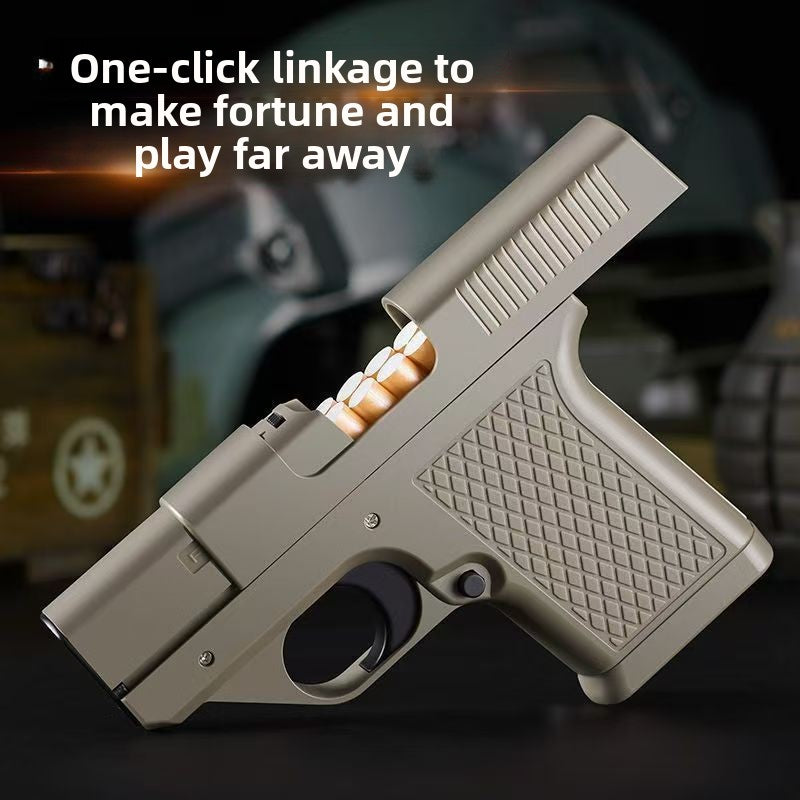 Brown khaki cigarette case lighter with cigarettes loaded in the clip, shown on a dark background