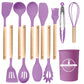 Purple kitchen utensil set shown flat with all twelve pieces and the matching holder