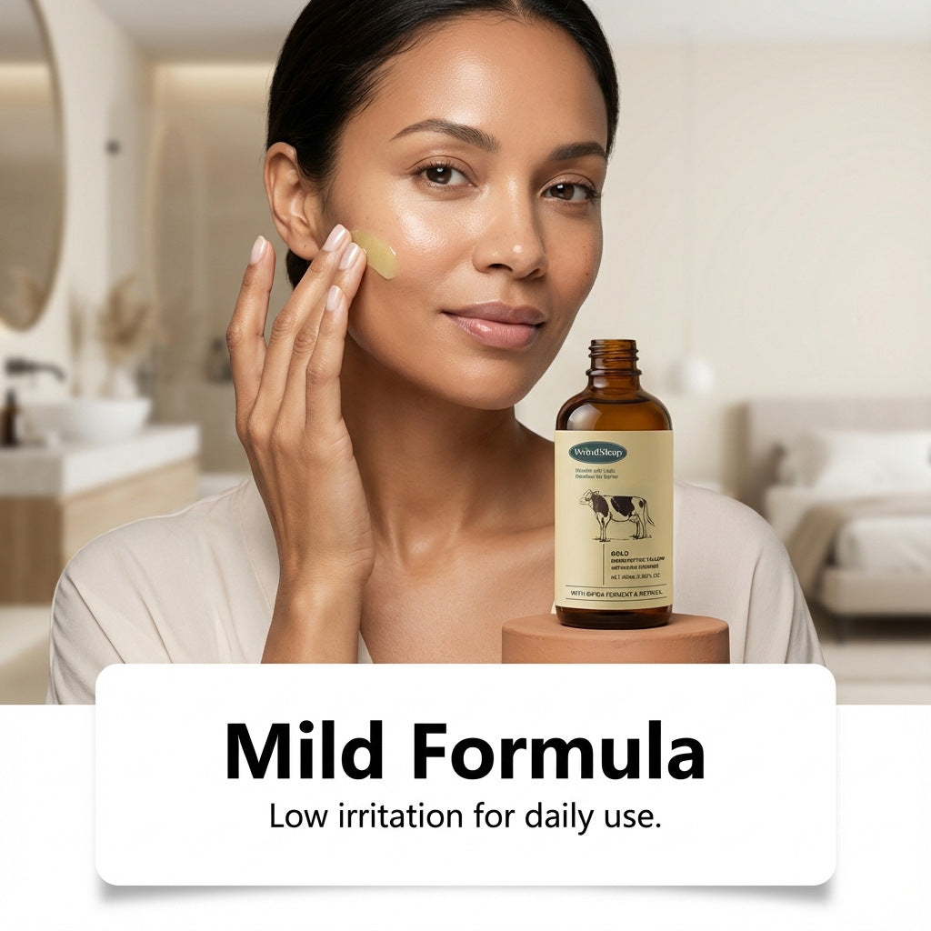 Model pressing a drop of WoodSleep tallow face essence onto her cheek, mild formula