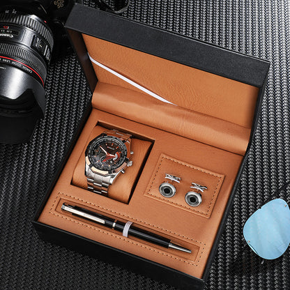 Mens sport watch gift set in a tan box with cufflinks and a ballpoint pen