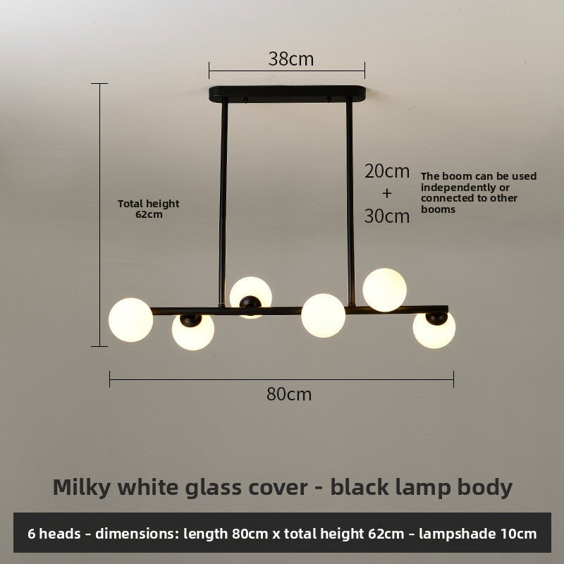 Black pendant light with six milky white glass shades, 80 cm long, 62 cm high, 3-color LED option