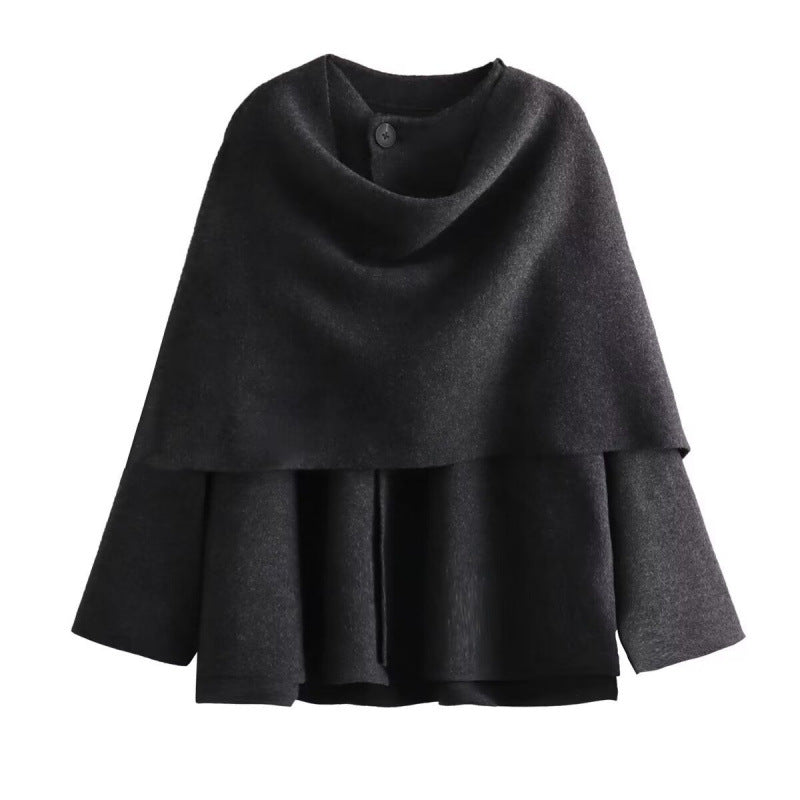 Dark gray knitted coat with a draped scarf collar and flared hem