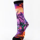 Mid-calf sock on a mannequin printed with a purple spider web and a pumpkin