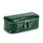 Dark green crocodile pattern genuine leather cosmetic bag with silver double zipper, three quarter view