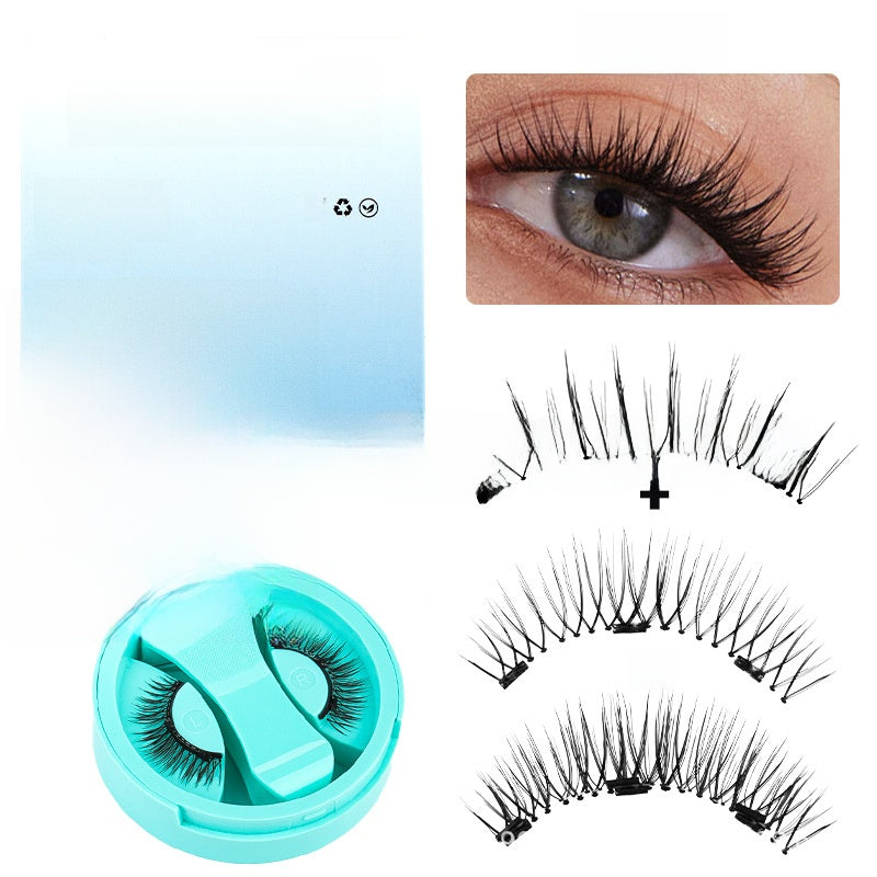 Teal round magnetic lash case with mirror beside a close-up eye and joined black lash strips