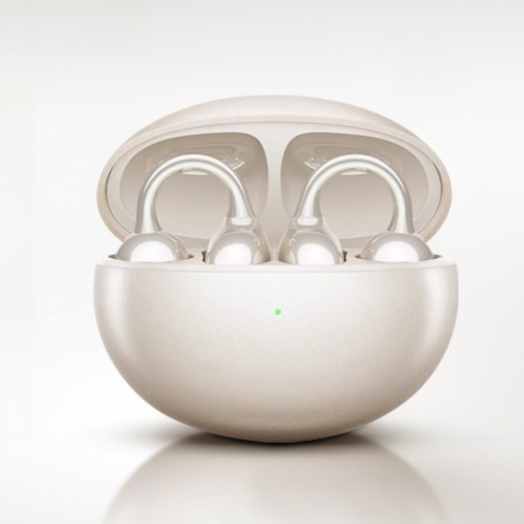Close view of the soft ear hook arm on the open ear clip earbud