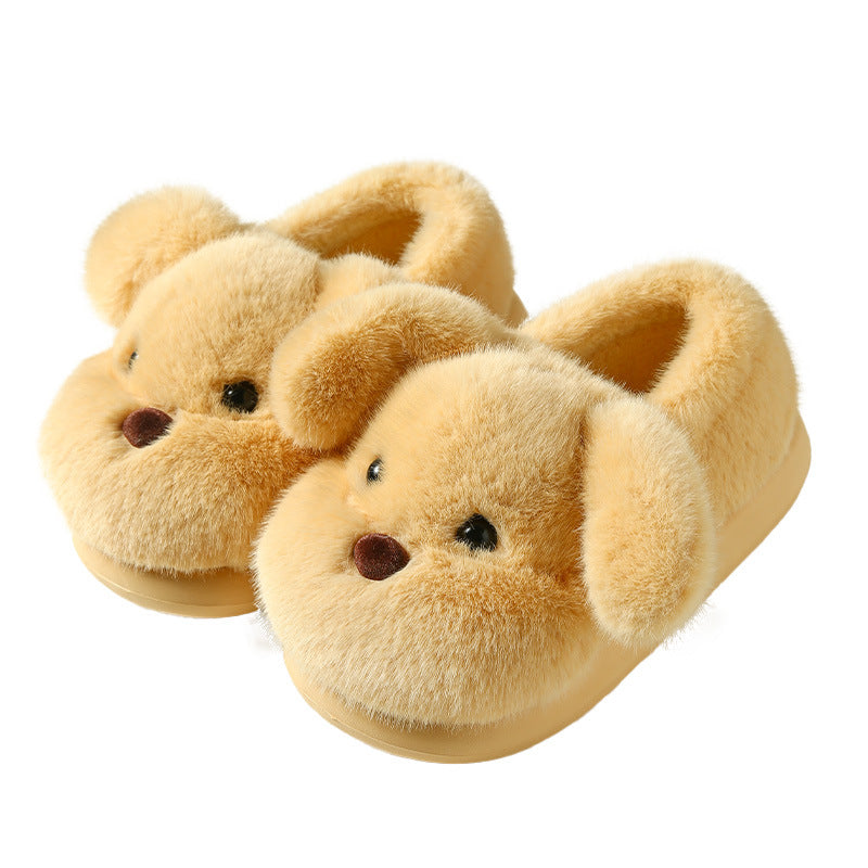 Soft plush slippers with a stitched puppy face and ears, artificial fur lining, shown in a home setting