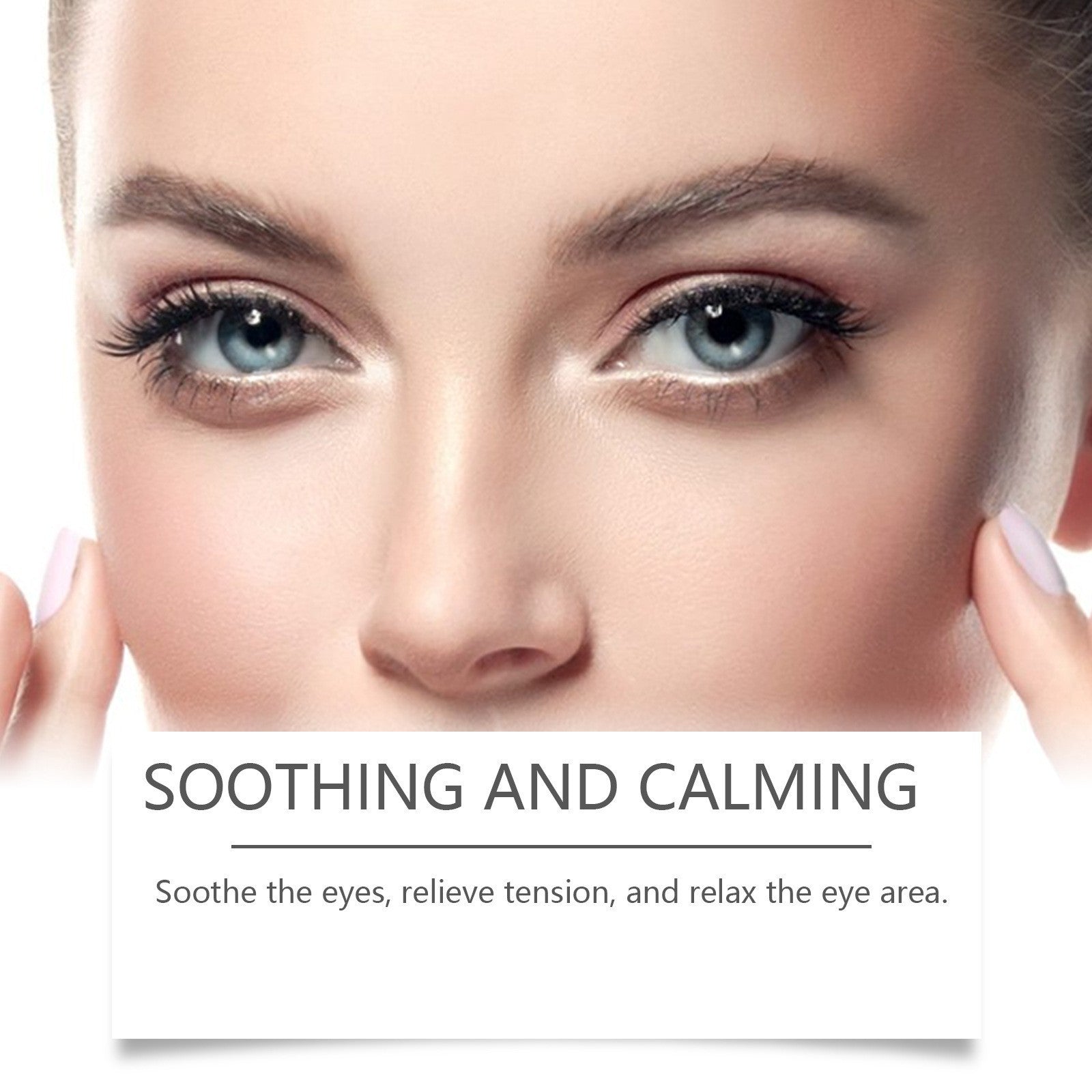 Close up of a face with the eye area in focus on a plain white marketing panel for the honey eye serum