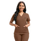 Full scrub set front view, V neck top and tapered jogger pants