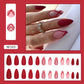 Full cover press-on almond nails shown in several designs, glossy finish shown on a hand