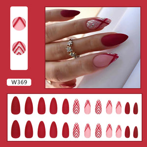 Full cover press-on almond nails shown in several designs, glossy finish shown on a hand