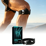 Black adjustable knee strap with metal buckle worn below a runner's kneecap, retail box shown below